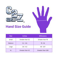 C2 Gripz comes in four sizes. Use this hand chart to measure your hand for the perfect fit. If you are at the top end for one size, we recommend choosing the next size on the chart.